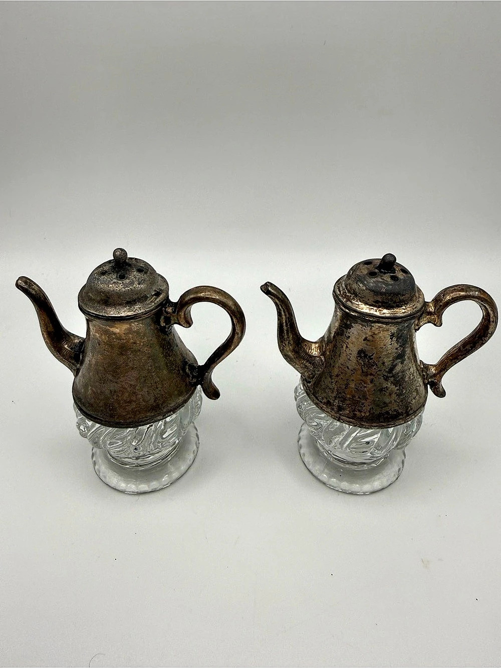 Vintage Teapot Salt Pepper Shakers Clear Glass Silver Tone Metal 3” Pair